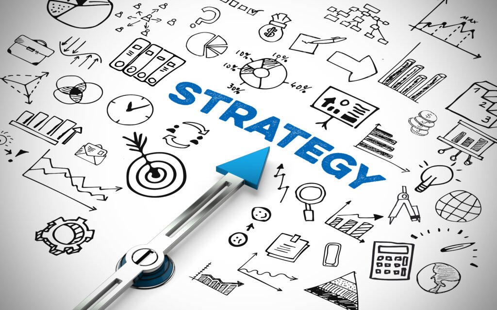 Blueprint-style illustration showing a compass and various strategy icons with a large 'STRATEGY' text in the center, emphasizing ServiceNow hiring strategy.