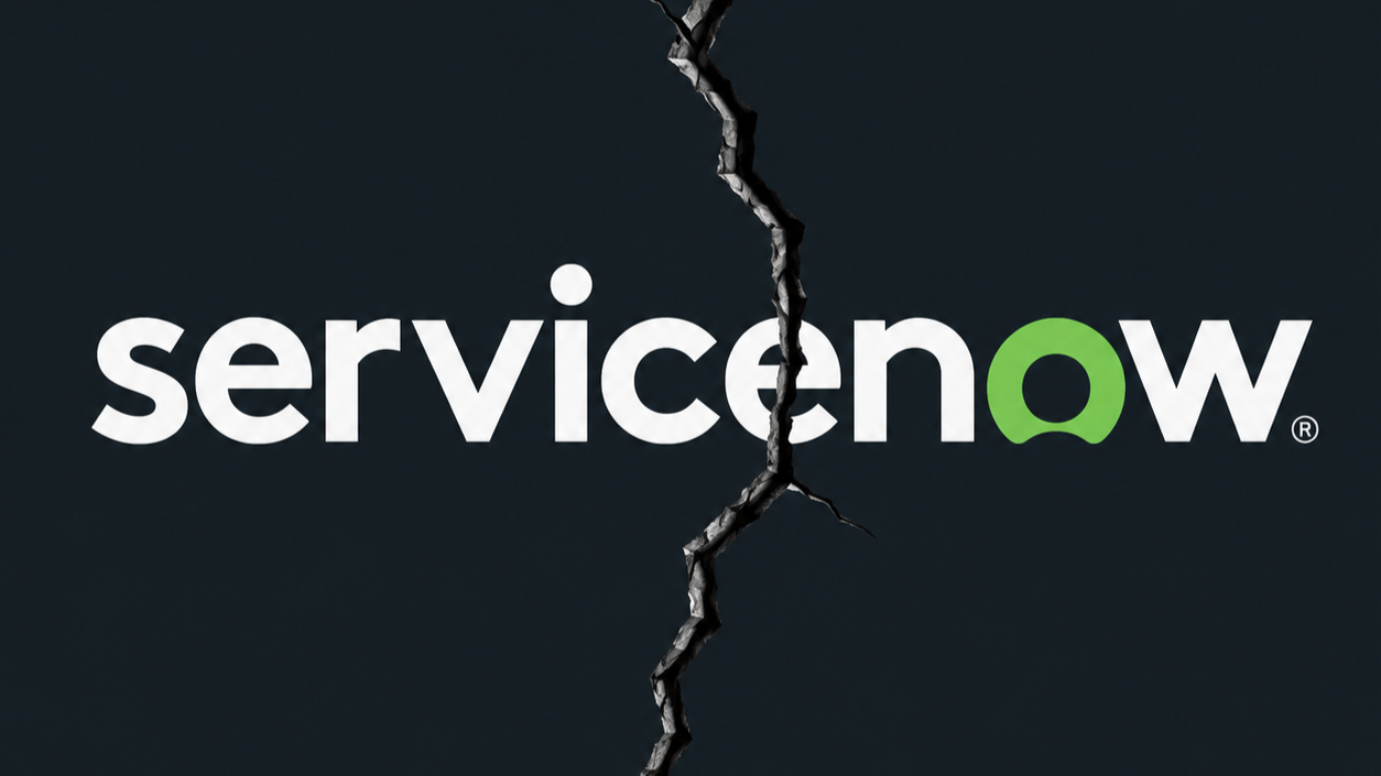 ServiceNow logo on a dark background with a crack splitting the image, illustrating ServiceNow June 2026 layoffs