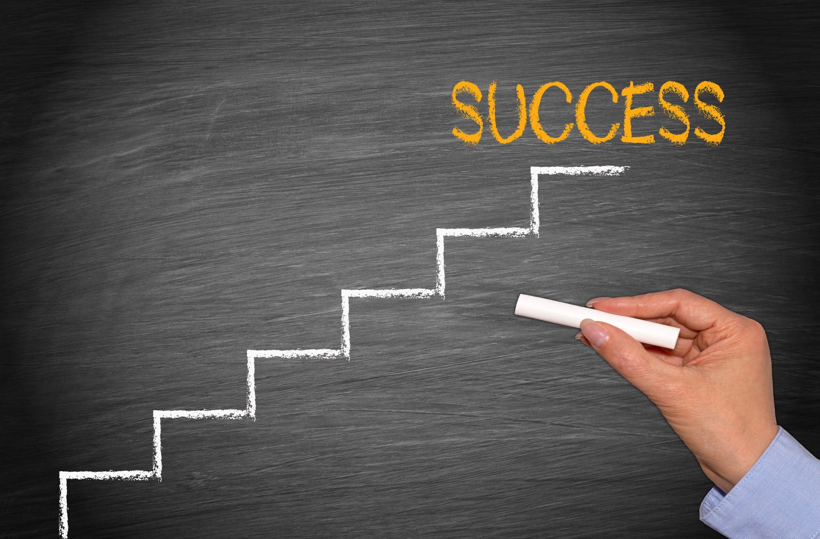 Hand drawing chalk stairs on a blackboard leading up to the word success written in yellow