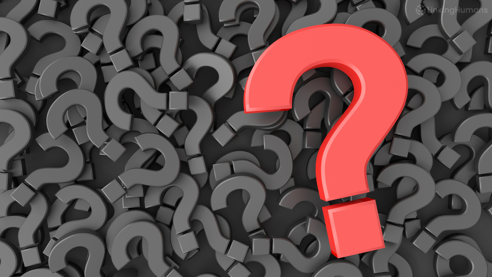 Single red question mark standing out among dozens of grey question marks, illustrating questions to ask after a ServiceNow interview