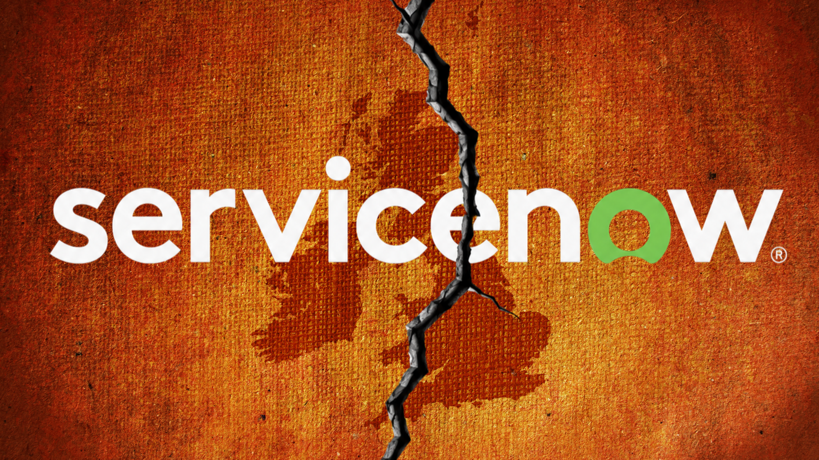 ServiceNow logo over a map of the UK and Ireland on a rusty orange textured background, split by a jagged crack
